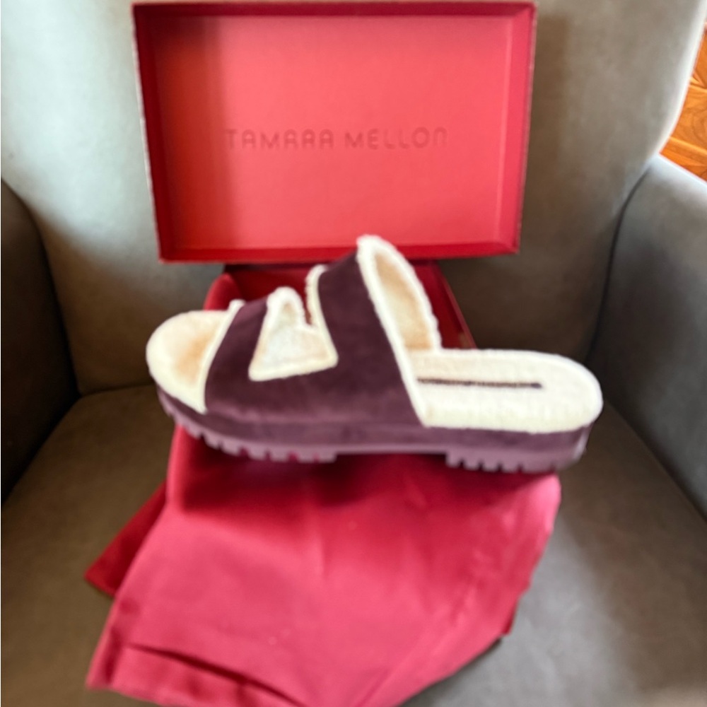 Tamara Mellon Burgundy Shearling Slides